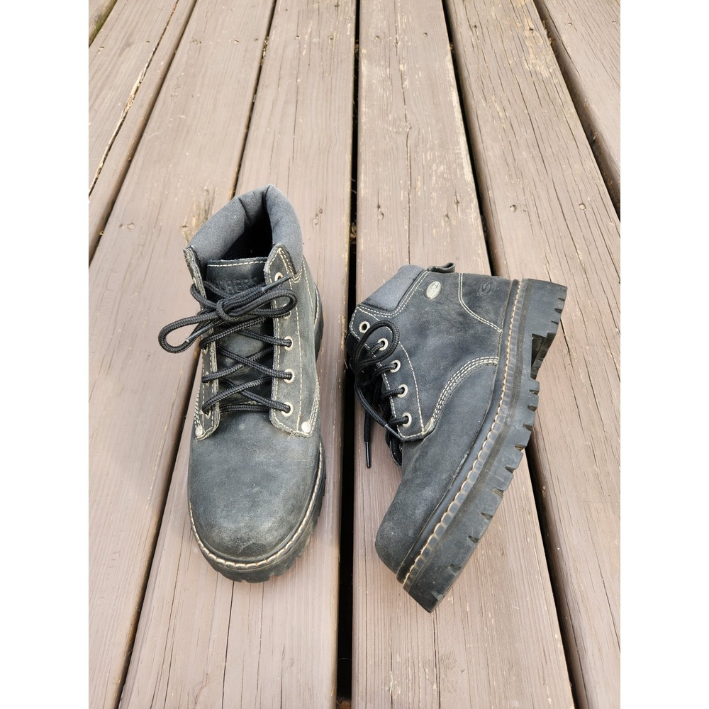 Vintage 90s Y2k Skechers Jammers Boot Black Leather Chunky Lug Sole Ankle Size 8